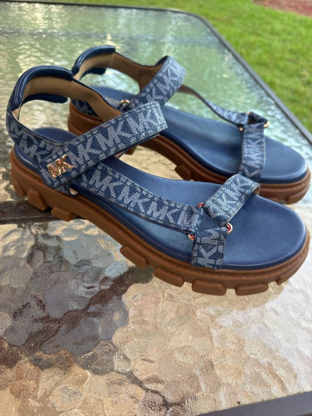 Michael Kors Womens Ridley Sporty Sandals Denim Shoes MK Logo Print Sz 8